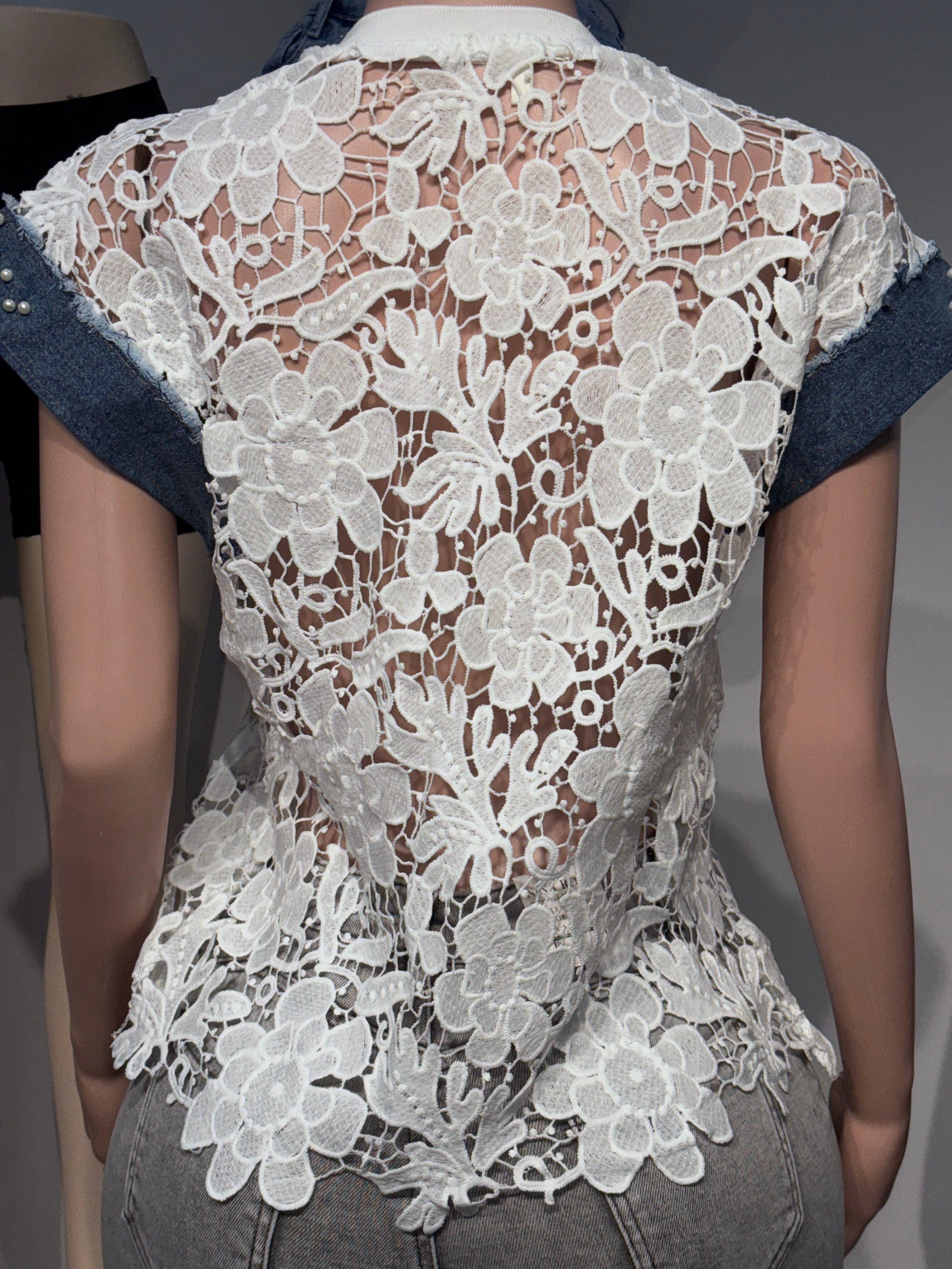 32233 Denim Bloom Lace Mesh Top with Pearls