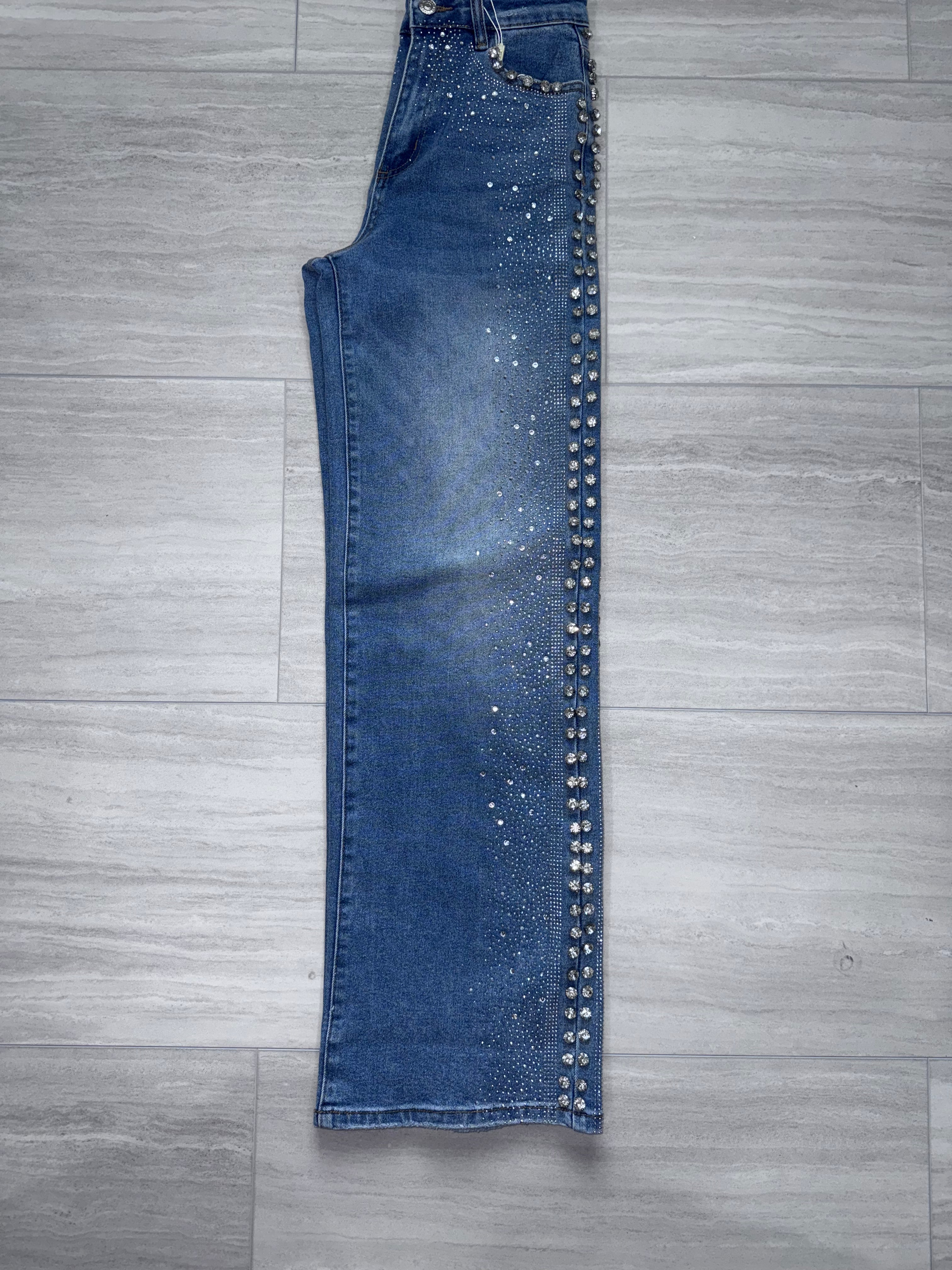 SO 438 Crystal Cascade High-Waisted Jeans with Rhinestones Straight Leg