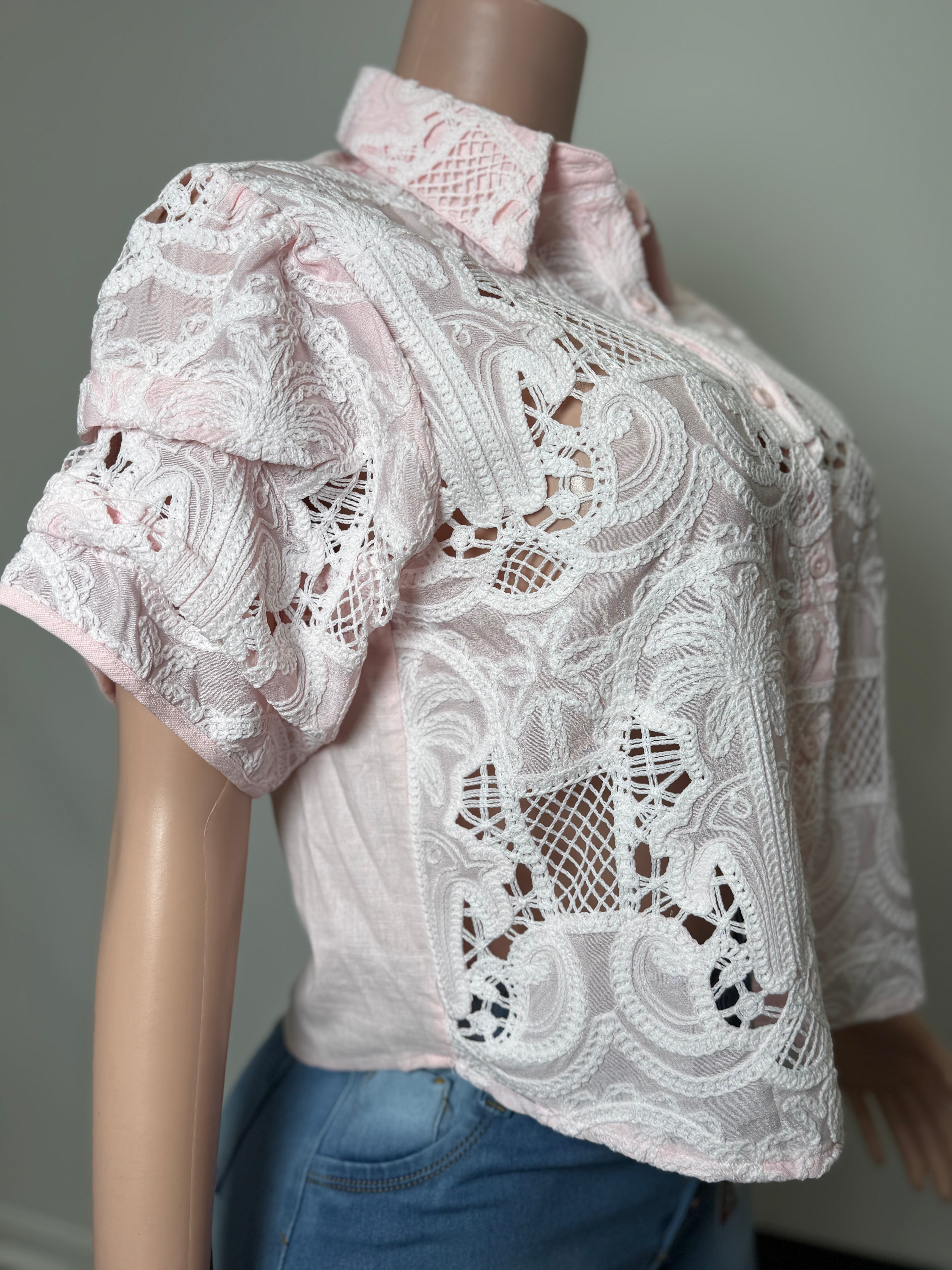 TX71348 Pink Blush Bloom Crochet Blouse