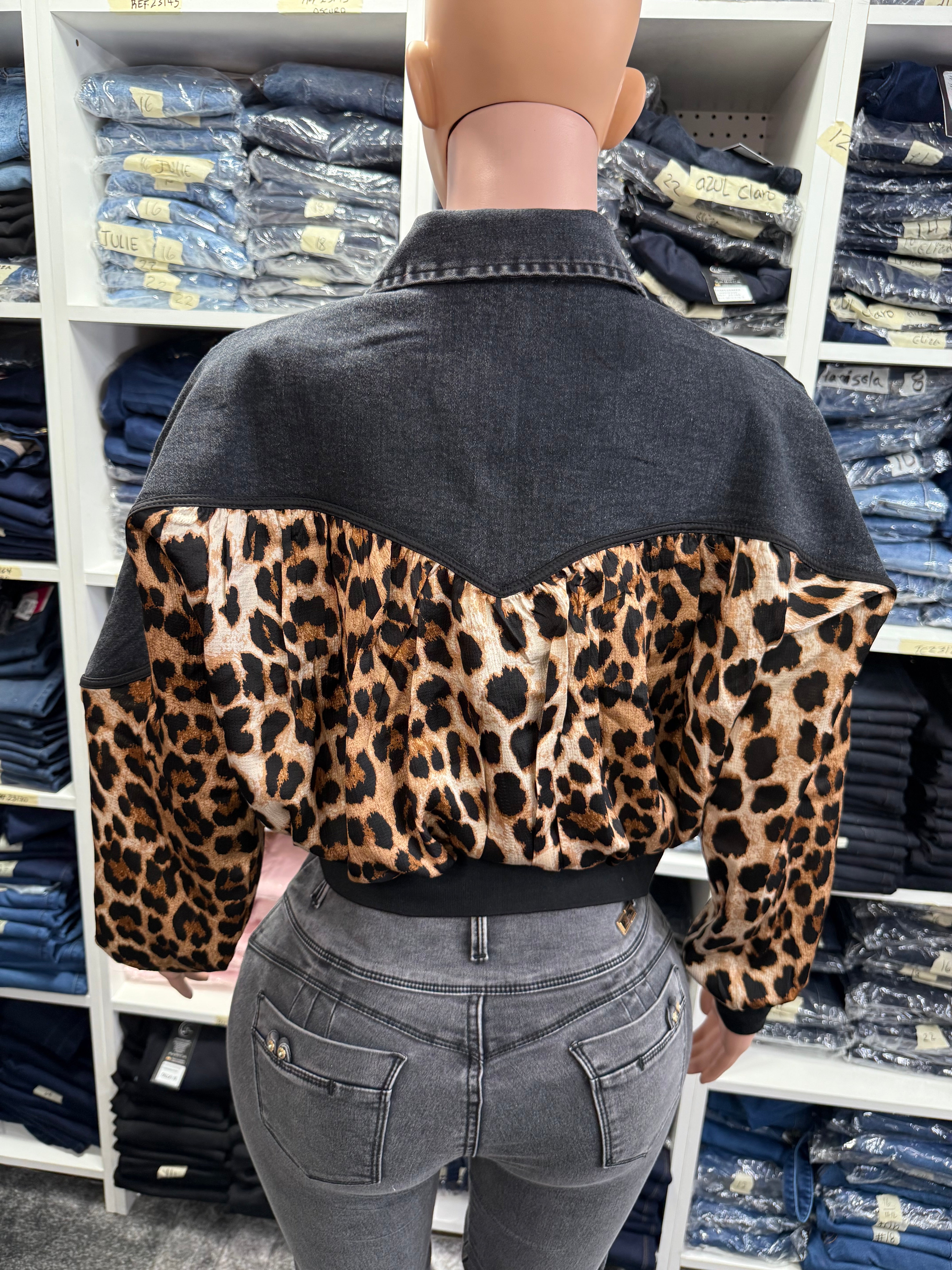Women’s Zip upJacket half denim & half leopard print