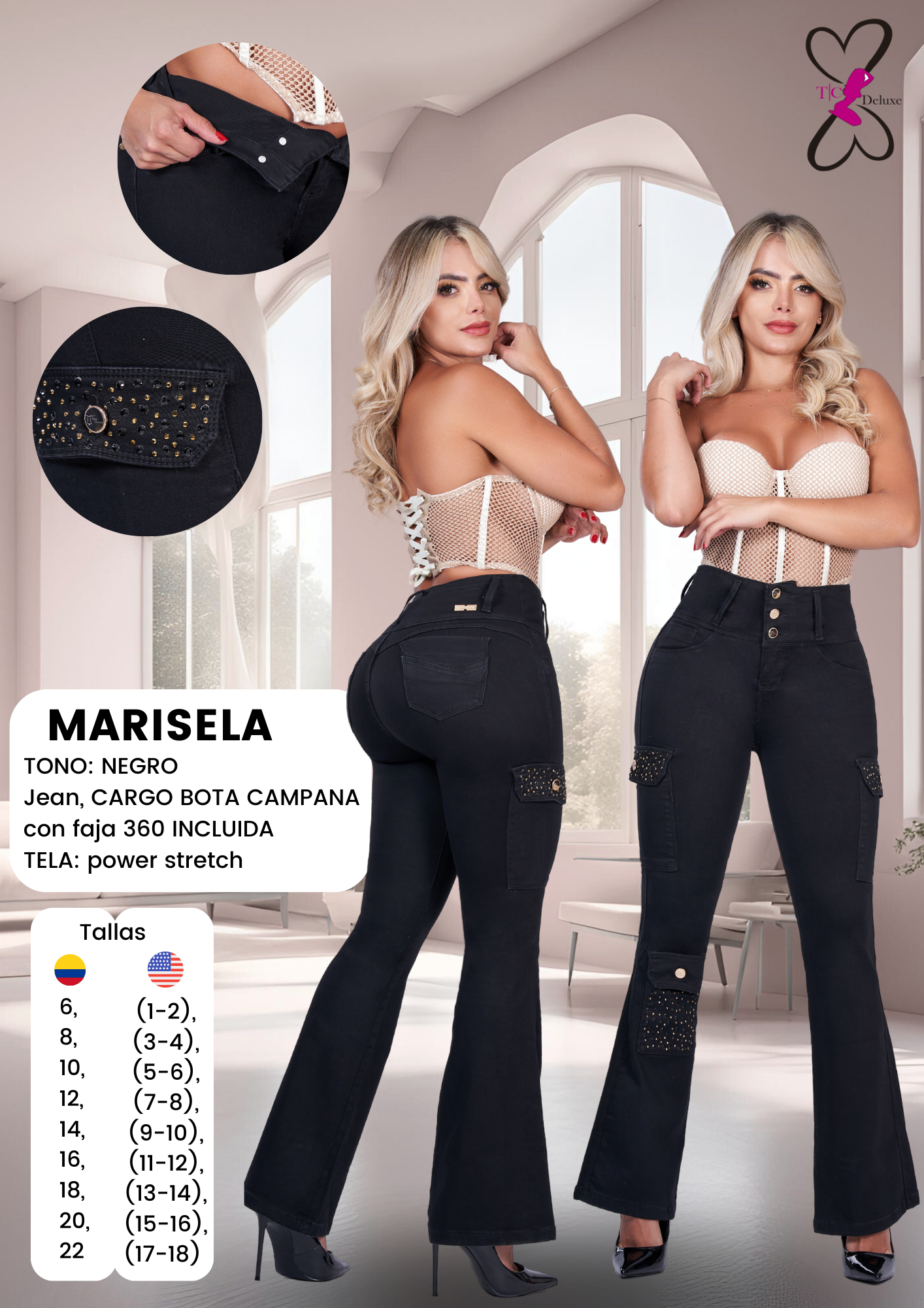 Marisela Colombian Jean with Internal Girdle Style Lipo 360 Flared Cargo with Rhinestones