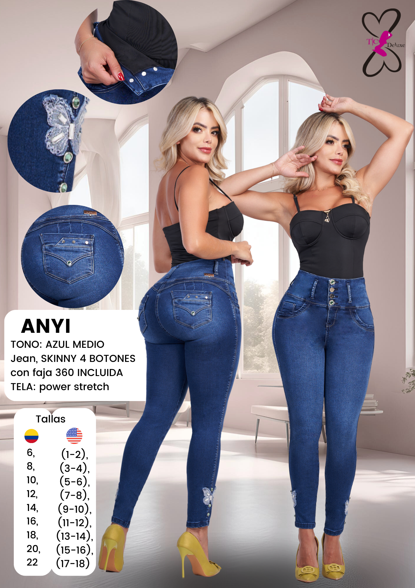 Anyi Colombian Jean with Internal Girdle style LIPO 360 Butterfly Boot Design 4 Button Design