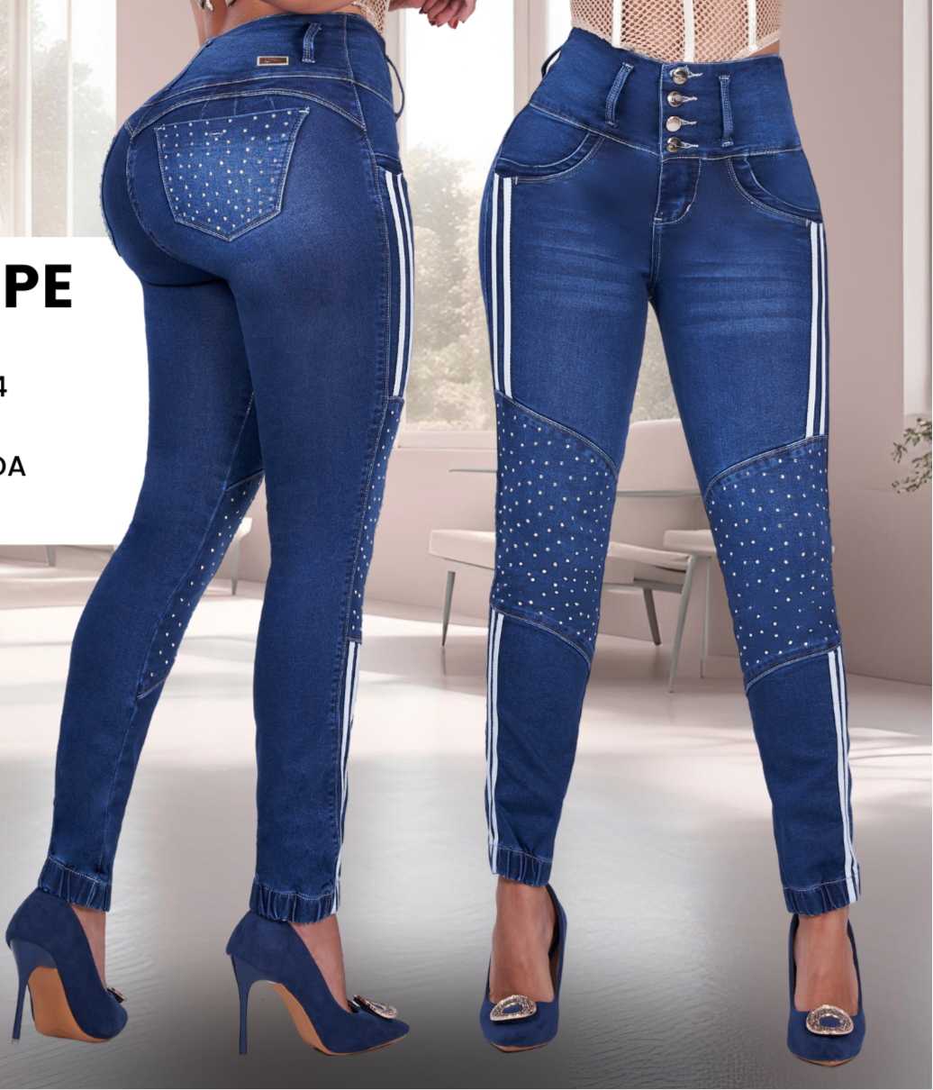 Guadalupe Jean colombiano with internal girdle style 360 3 button design rhinestone