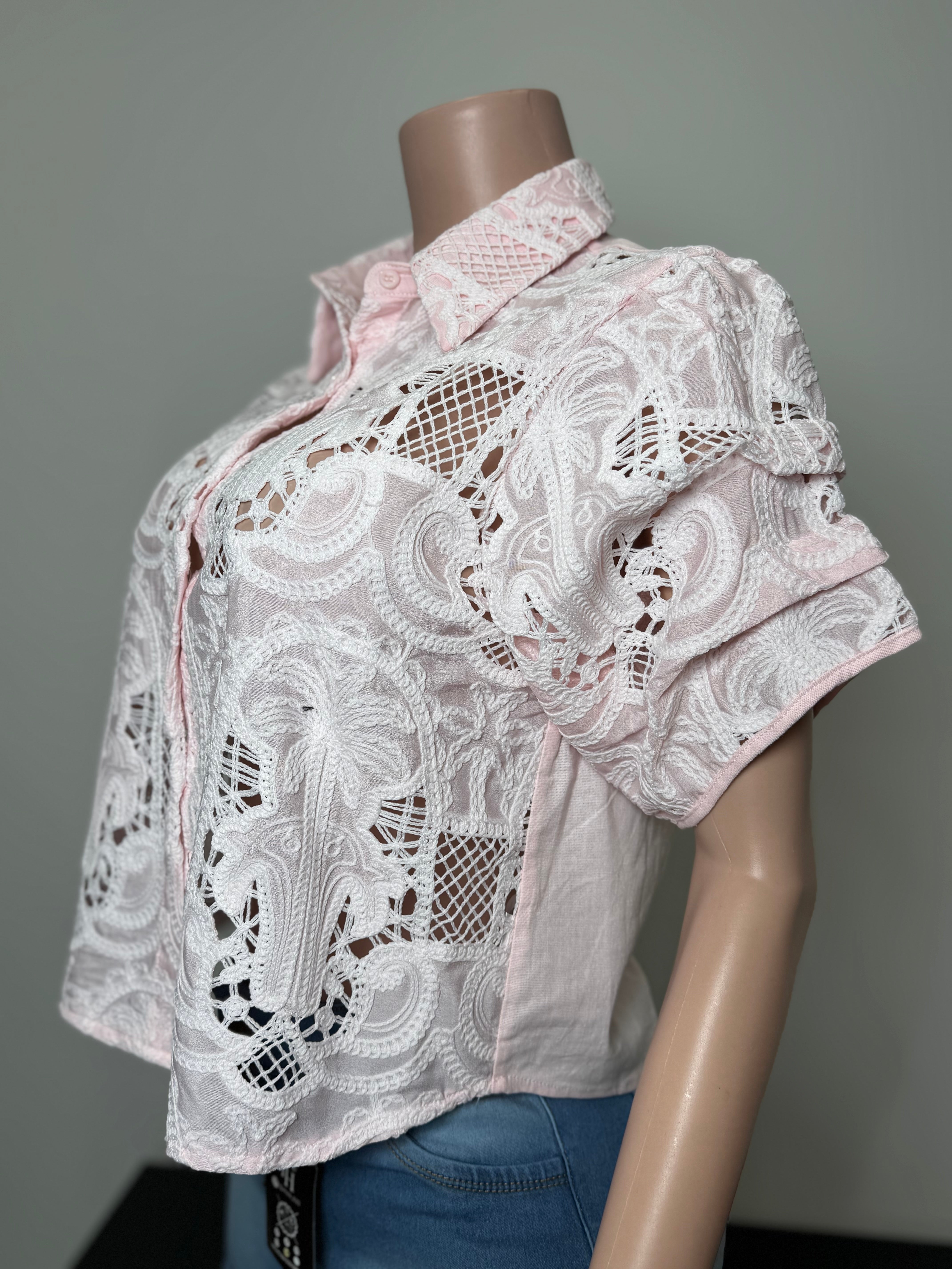 TX71348 Pink Blush Bloom Crochet Blouse