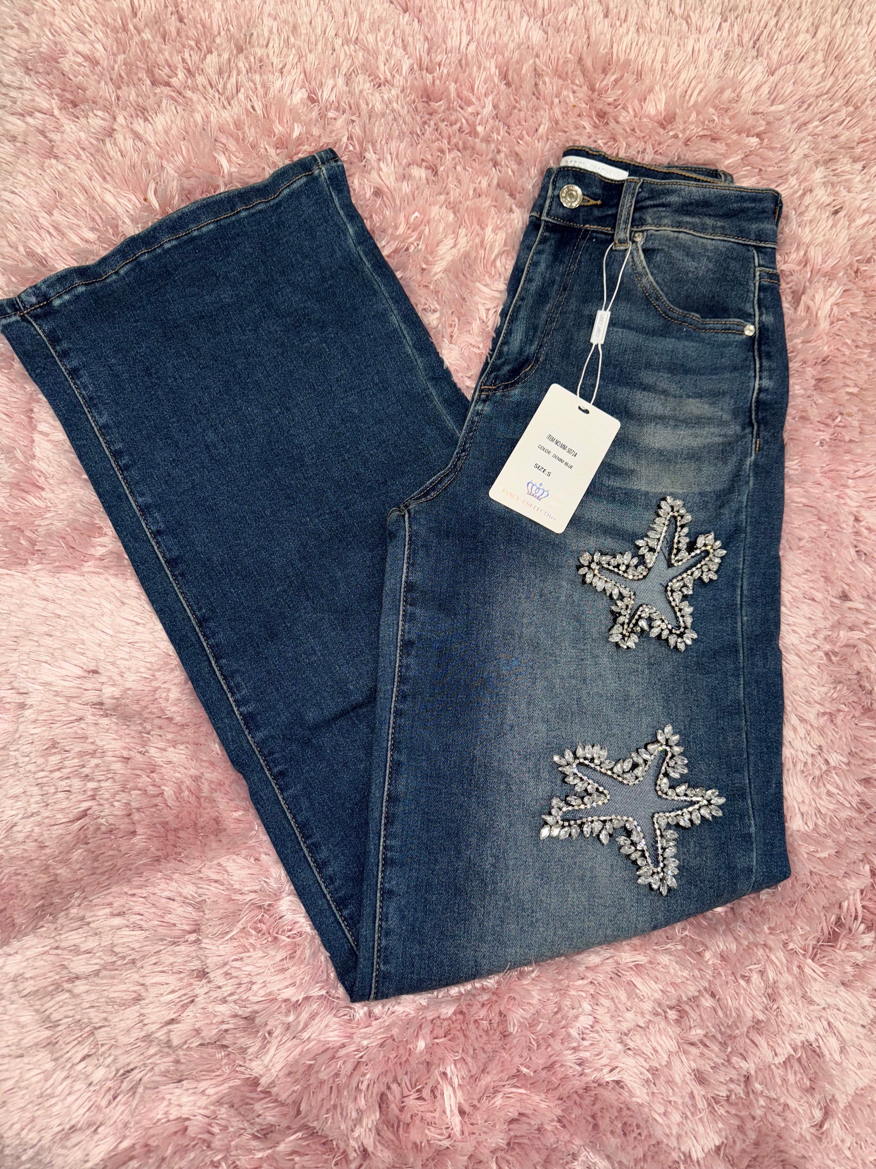 SO714 Women’s High Waisted Denim Jeans with Open Star design and Rhinestones - bottom, Woman’s wear