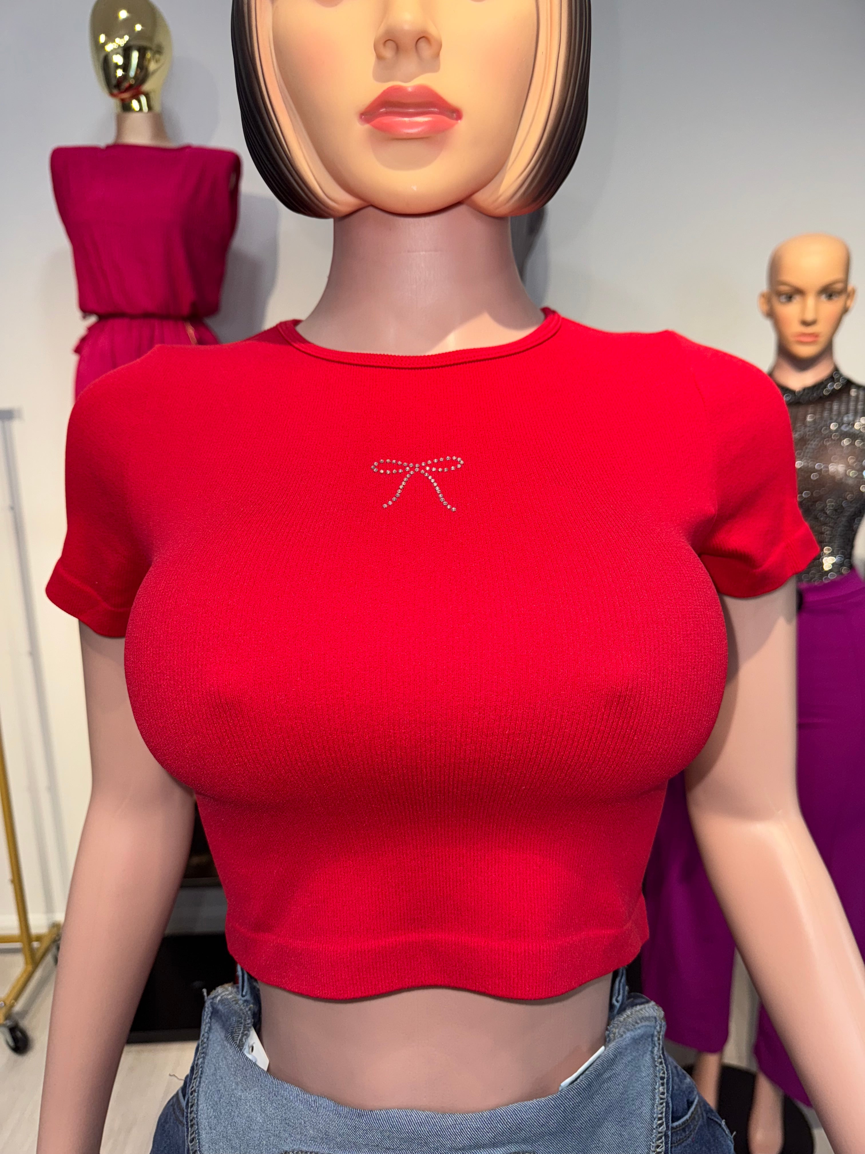 Stone-5 Basic Top with Rhinestones with Mono Coquette design