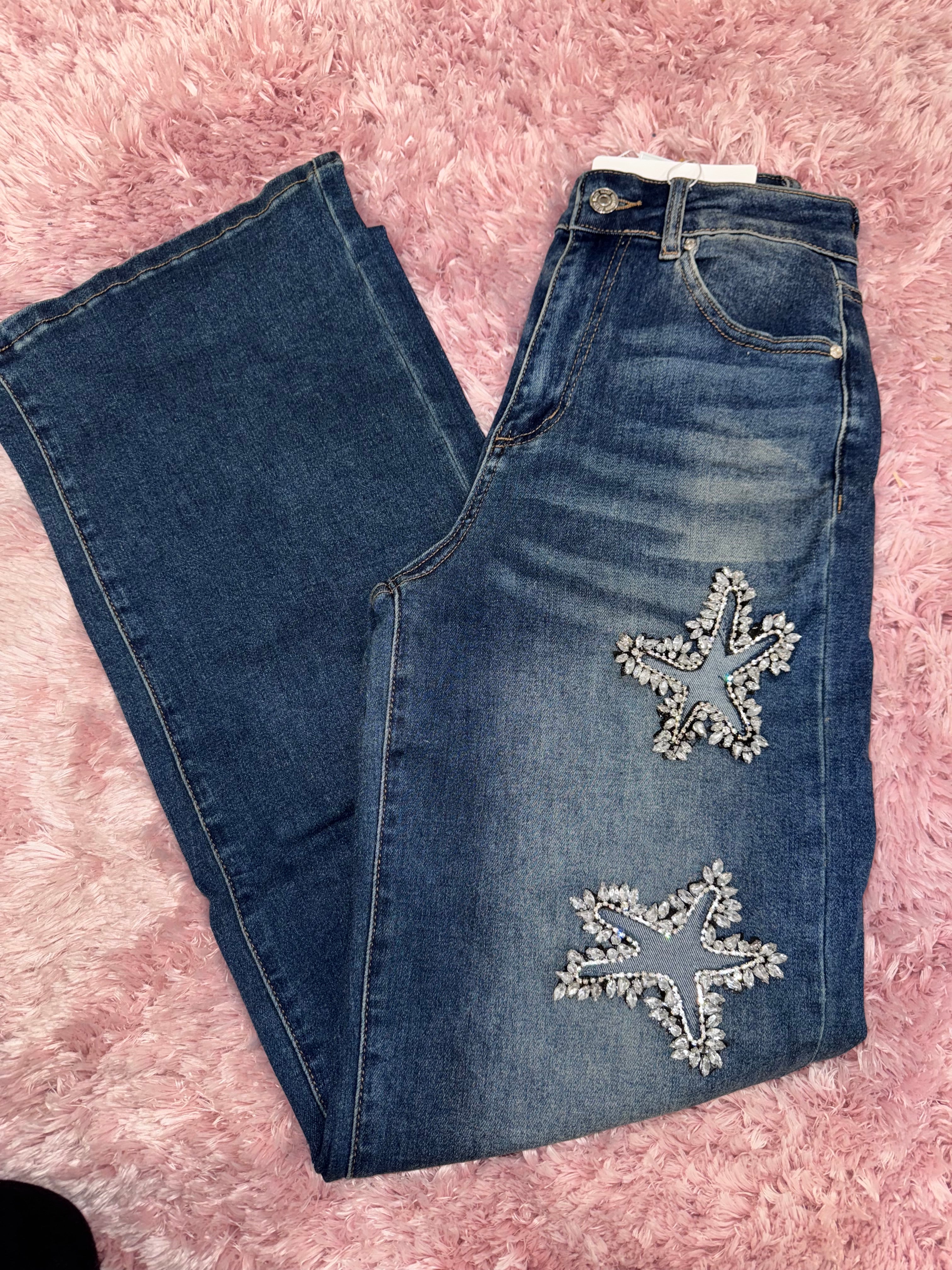 SO714 Women’s High Waisted Denim Jeans with Open Star design and Rhinestones - bottom, Woman’s wear