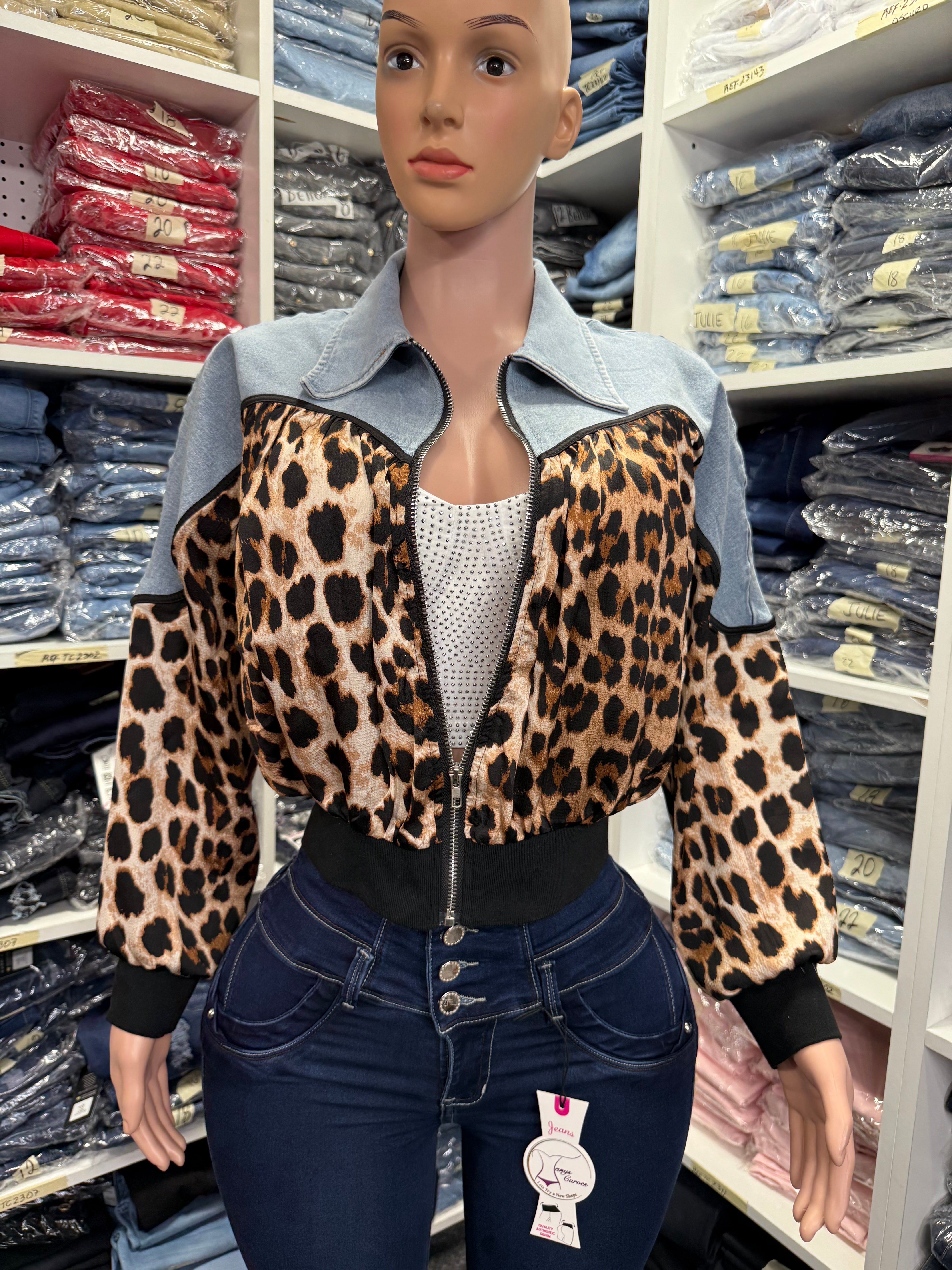 Women’s Zip upJacket half denim & half leopard print