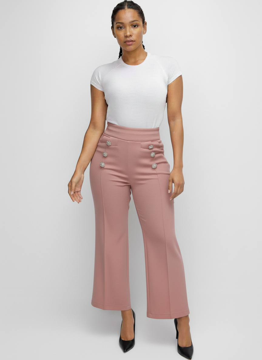 4685 knitted pants with Side buttons with rhinestones
