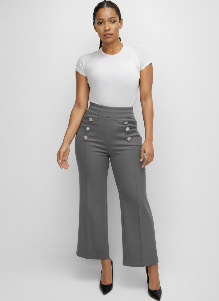 4685 knitted pants with Side buttons with rhinestones