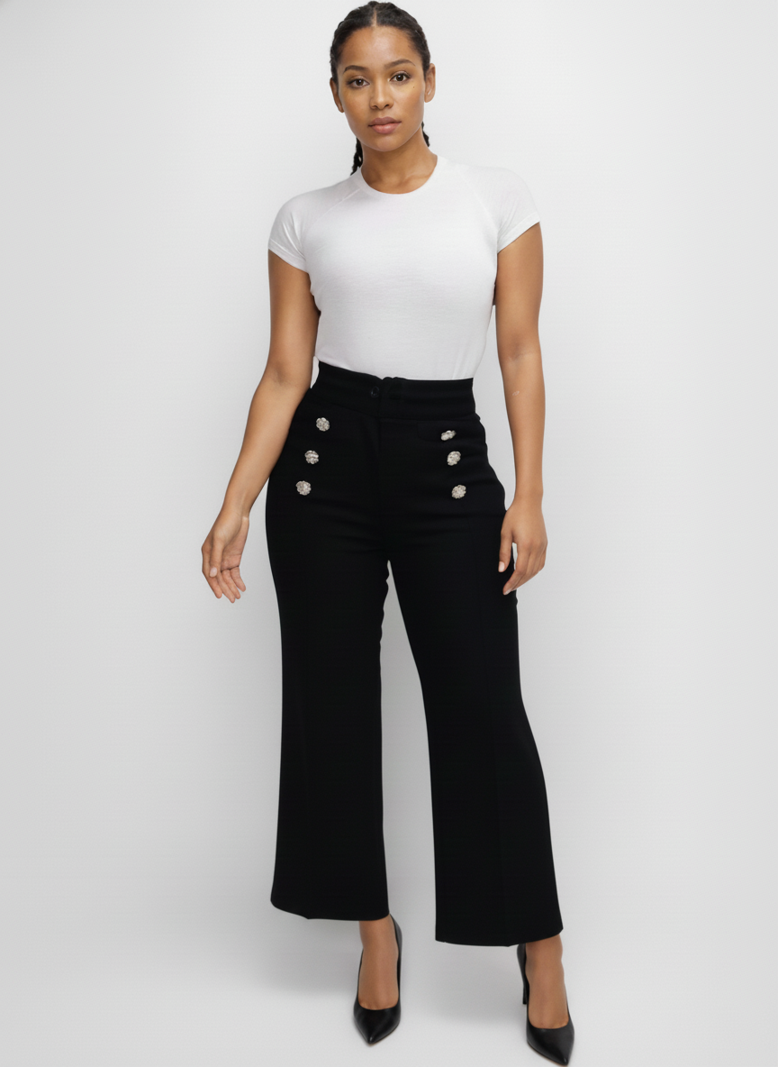 4685 knitted pants with Side buttons with rhinestones