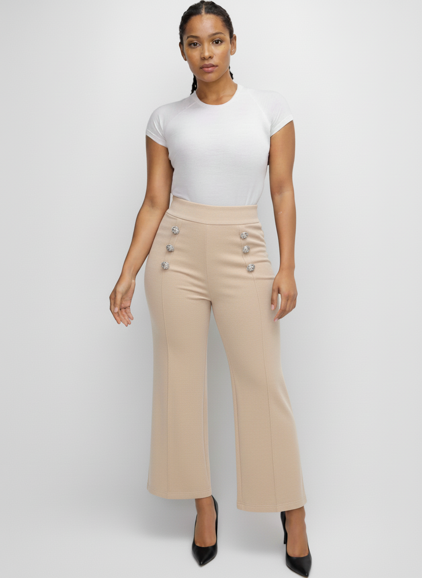 4685 knitted pants with Side buttons with rhinestones