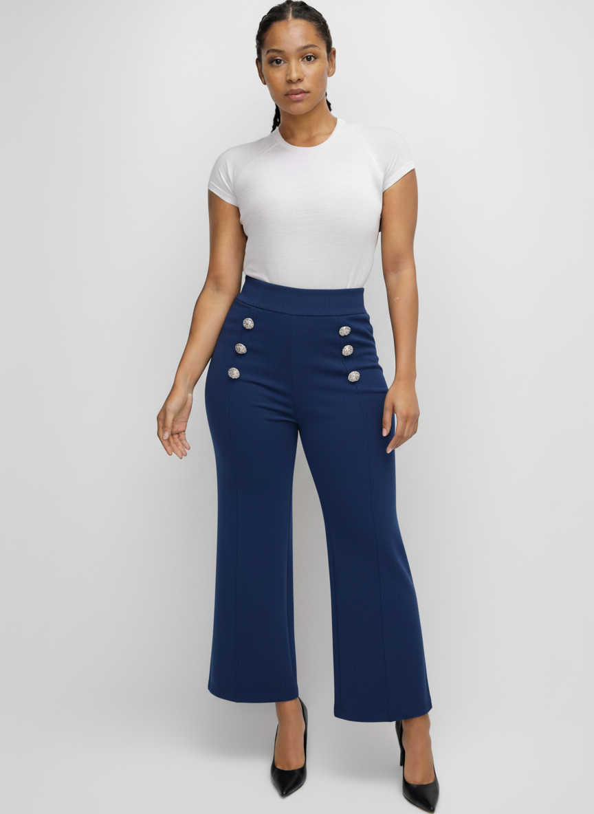 4685 knitted pants with Side buttons with rhinestones